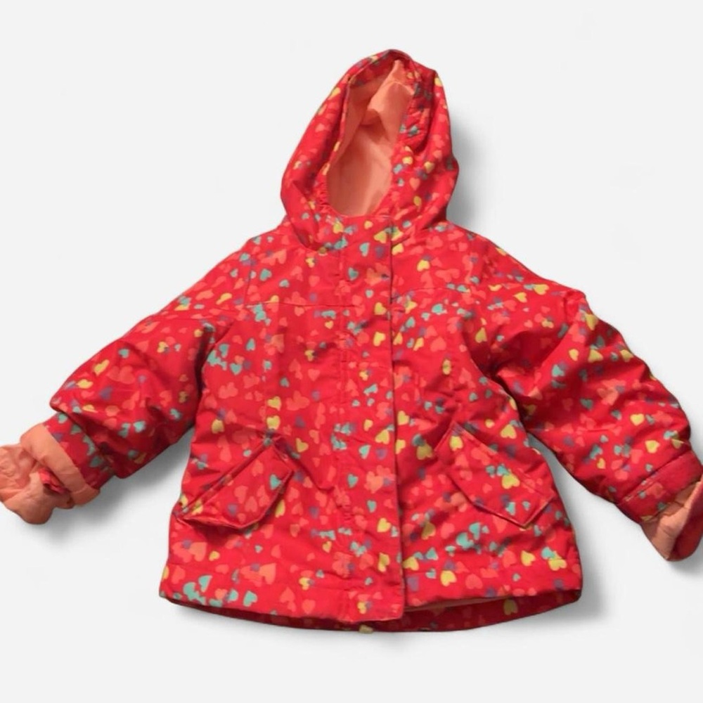 Cherokee Snow Hooded Puffer Jacket with Multicolor Heart Print